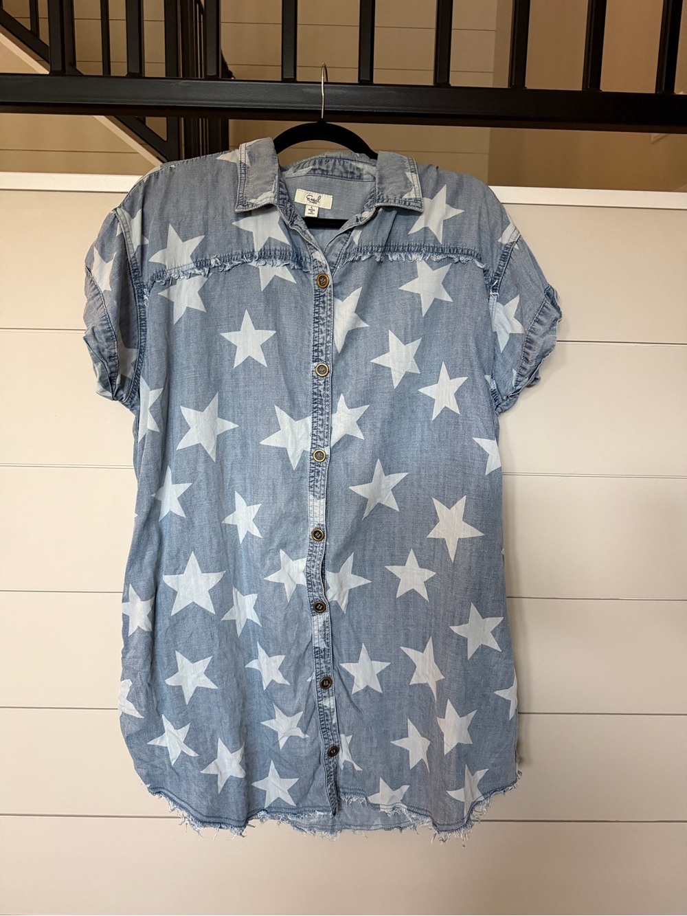 Light Denim Blue Star Button-Front Shirt Dress